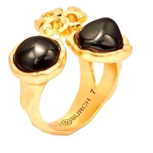 ❌PRIZE DROP ❌NWT TORI BURCH /BLACK ROXANNE LOGO GOLD/BLACK STONE RING.